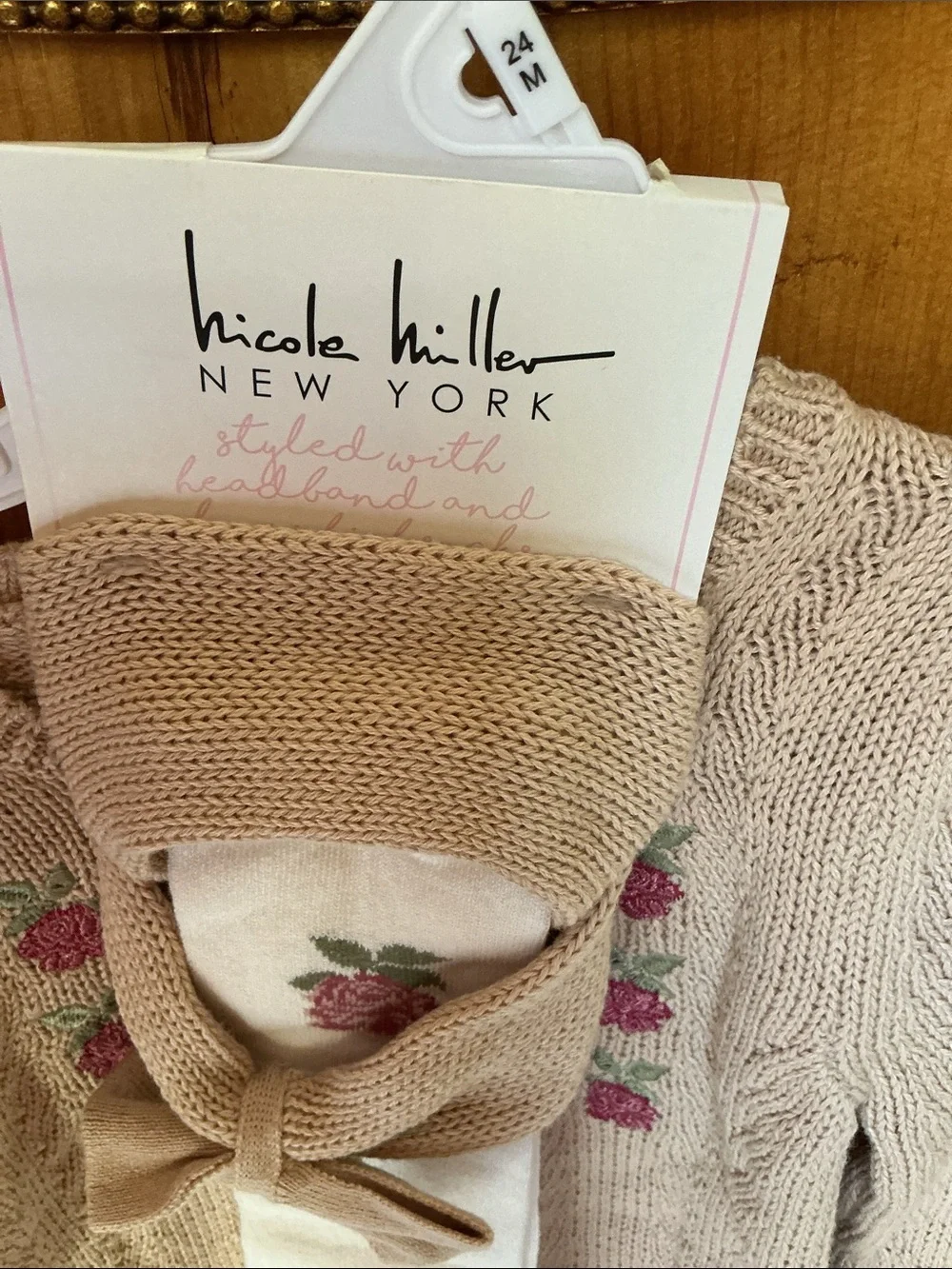 Nicole Miller Cream Knit Baby Sweater with Pink Rose Embroidery. NWT.